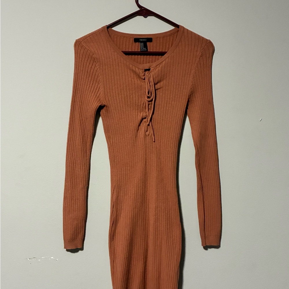Forever 21 Ribbed Lace-Up Long Sleeve Dress - Rust